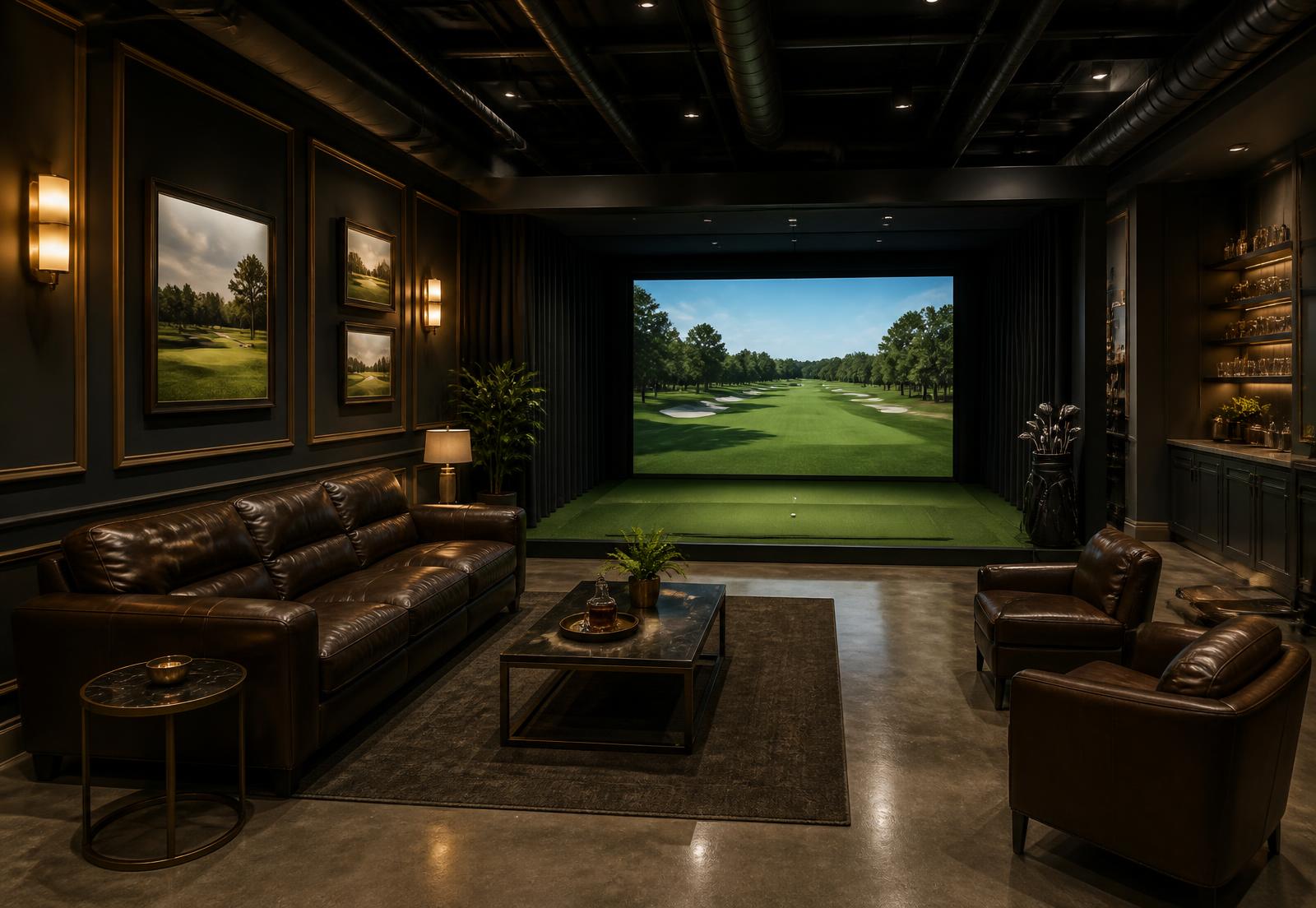 Upscale indoor golf lounge with leather seating facing a simulator bay